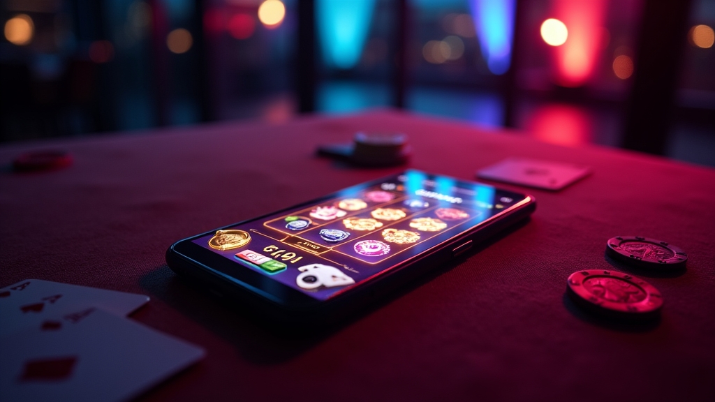Glowing smartphone showing a fruit-themed app in a dark casino lounge