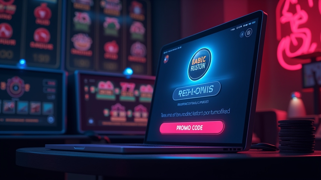 Casino cashier screen with a bonus chip and promo code field beside fruit slot symbols