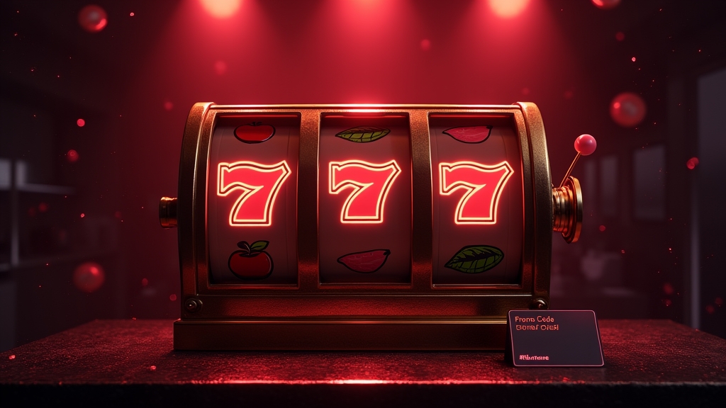 Glowing fruit-themed slot machine with a bonus banner and promo code card in a dark casino
