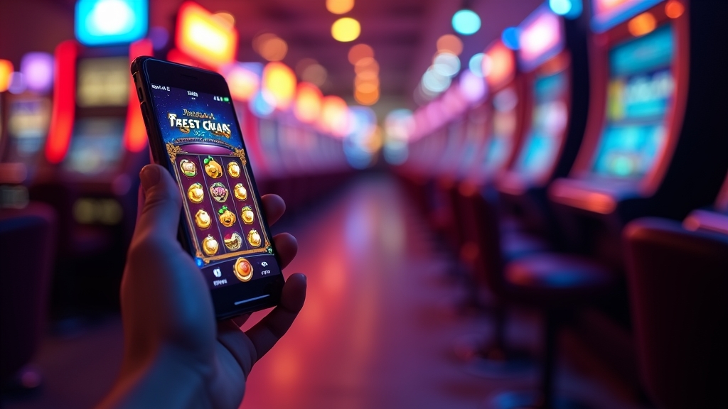 Android user holding a phone with a glowing fruit-themed app on a casino floor